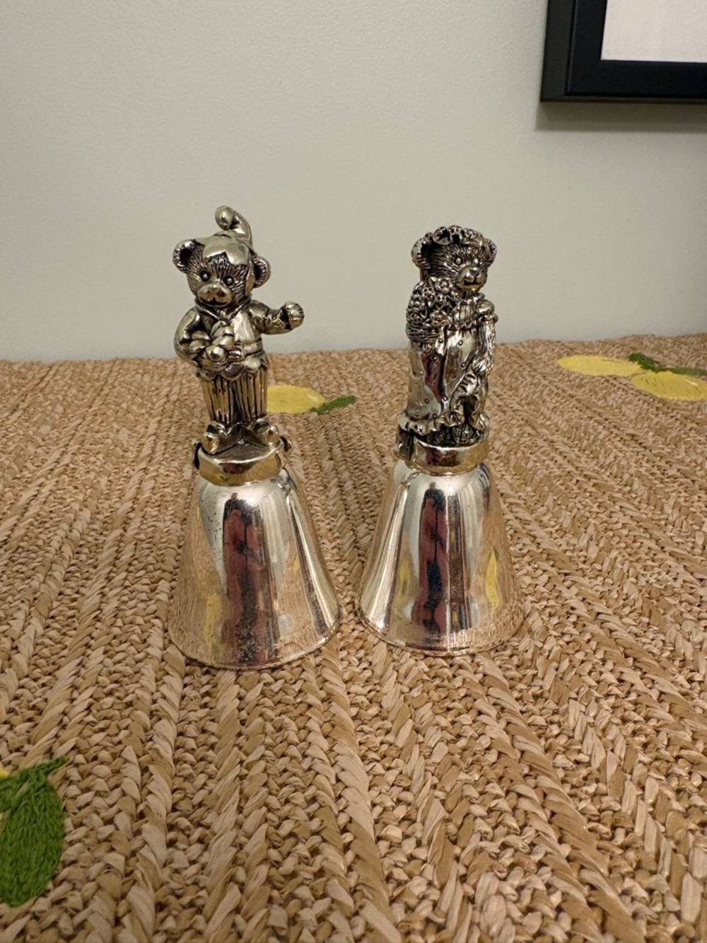 Vintage Silver Teddy Bear Handbell Set Ornate Boy Girl Baby Shower Gift 4" Bells
